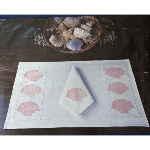 Vintage 1980's Seashell Placemats Napkins Candlewicking Embroidery Kit STARTED - Picture 1 of 5